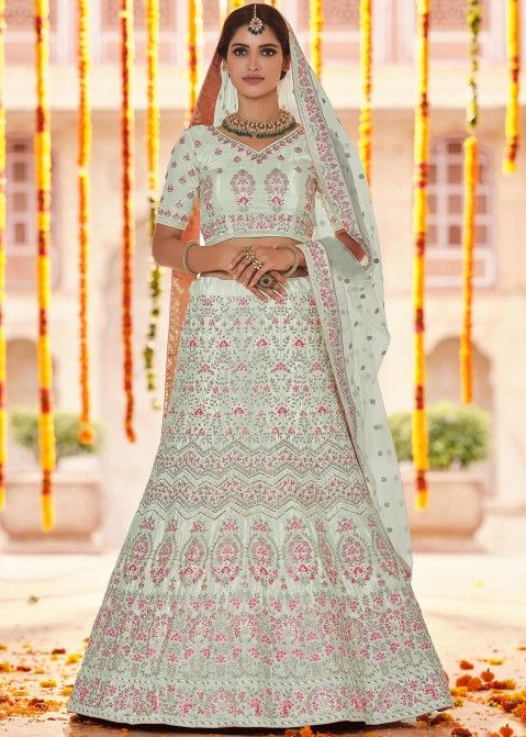 Party Wear Embroidery Light Green White Mirror Work Lehenga Choli at Rs  2995 in Ahmedabad