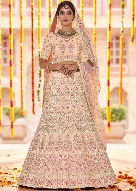 Buy Beige Fish-Cut Lehenga And Blouse With Crystal Tassels
