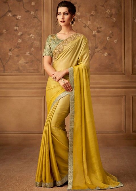 Shaded Yellow Plain Saree Online With Embroidered Blouse