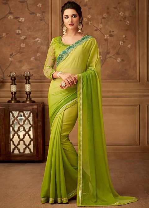 Shaded Green Embellished Chiffon Saree With Blouse
