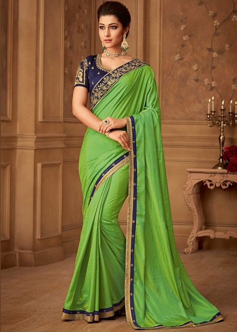 Blue and Parrot Green color Chenderi silk handloom saree with pochampally  border design CNDP0000714