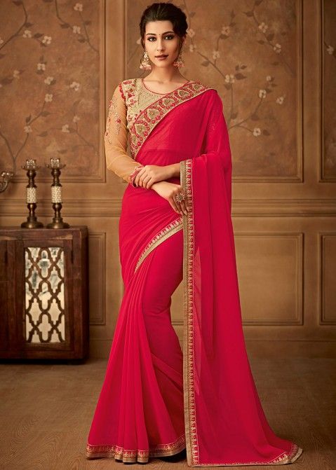 Elegent Red Georgette Saree With Embroidered Blouse USA Australia