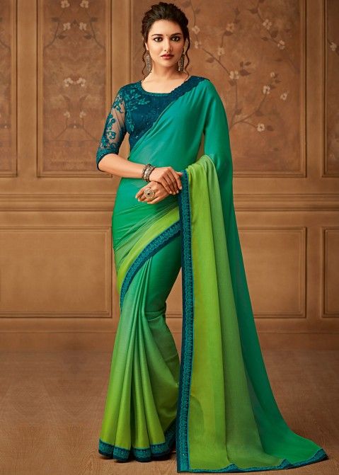 Shaded Green Chiffon Indian Plain Saree Online Shopping With Embroidered Blouse