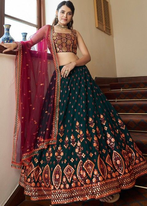 Buy A Line Wedding Lehenga - Green & Red Sequins & Thread Lehenga Choli –  Empress Clothing