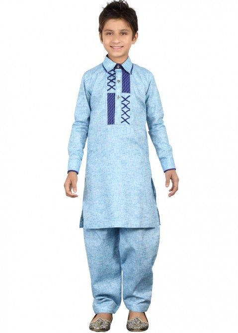 Kids Ethnic Wear: Buy Readymade Blue Linen Pathani Suit for Boys