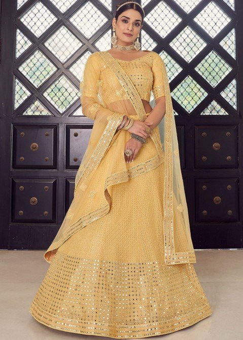 Buy Yellow Lehenga Chinon Embroidered Mirror V Neck Set For Women by Priyaa  Online at Aza Fashions.