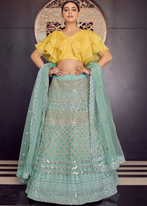Buy Women Turquoise Green Sequin Embroidered Brocade Lehenga Set With  Blouse And Dupatta - Ready To Wear Lehengas - Indya