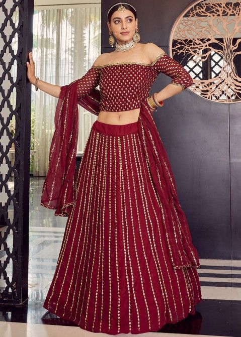Buy Women Multicolour Foil Print Pleated Lehenga Set With Maroon Blouse And  Dupatta - Ready To Wear Lehengas - Indya
