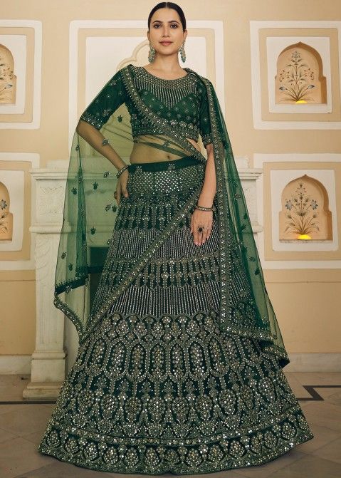 Buy Dark Green Bridal Wear Embroidered Taffeta Silk Lehenga Choli from  Designer Lehenga Choli