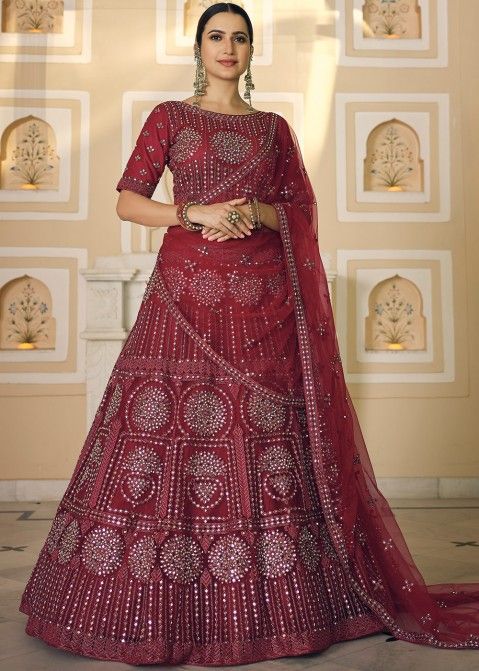 Wedding Wear Velvet Fabric Embroidered Maroon Color Lehenga Choli