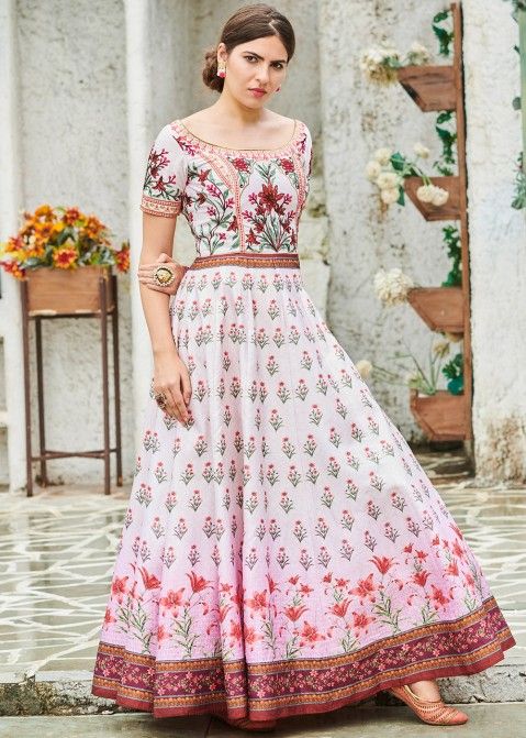 White and Pink Shaded Digital Floral Printed Gown