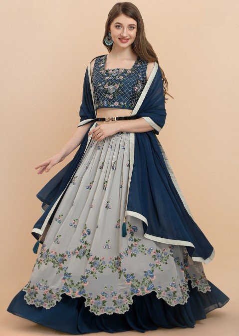 Blue & Silver-Toned Embellished Sequinned Semi-Stitched Lehenga & Unst–  Inddus.in