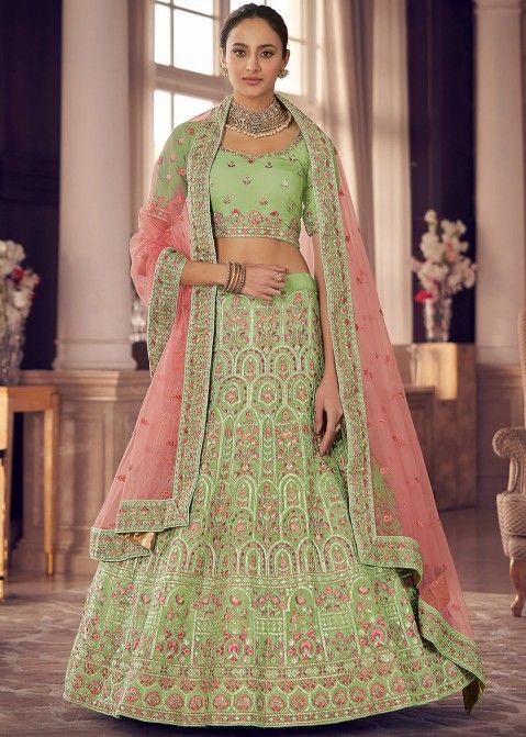 Pista Green Color Sequins Work Crepe Fabric Lehenga Choli