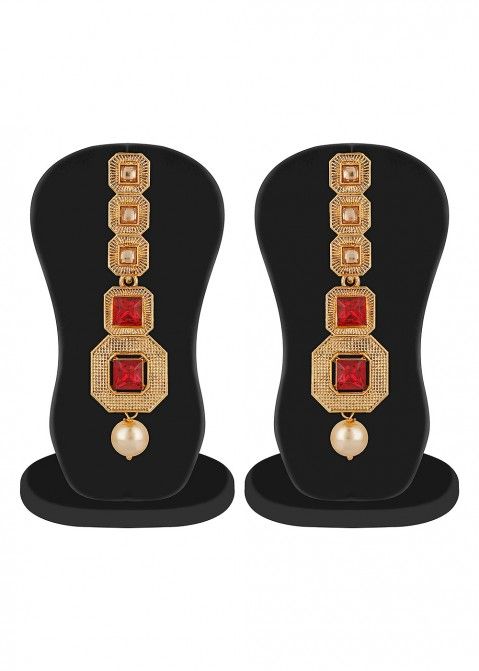Stone Studded Red and Golden Earrings