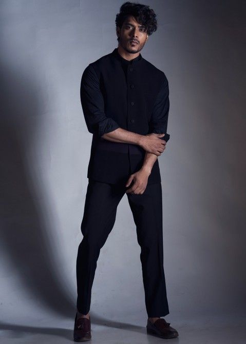 Black Cotton Readymade Paneled Designer Nehru Jackets for Men 