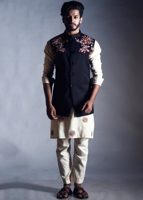 Black Embroidered Readymade Nehru Jackets For Men