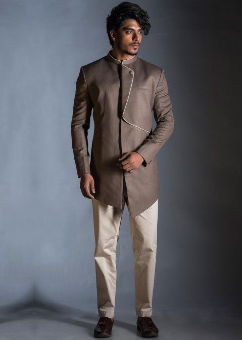 Beige Embellished Silk Sherwani With Kurta And Trousers - Nitika Gujral -  Men- Fabilicious Fashion