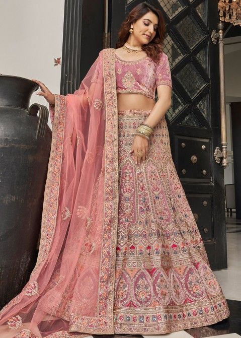 Buy Ultimate Pink Velvet Embroidered Bridal Lehenga Choli With Net Dupatta  at best price - Gitanjali Fashions