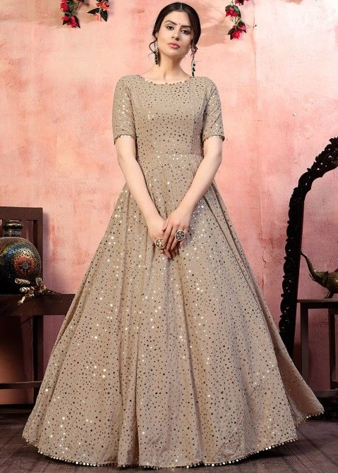 Shop Beige Georgette Sequins Embellished Indo Western Gown Online Shopping
