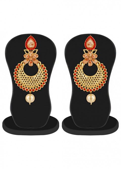 Stone Studded Golden and Red Earrings