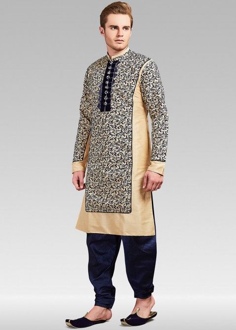 Buy Beige Embossed Readymade Mens Pathani Suit for Wedding Online USA