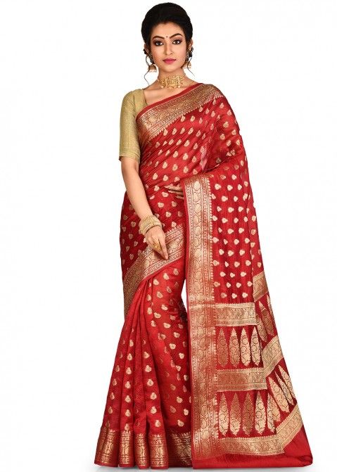Red Bridal Woven Indian Banarasi Saree