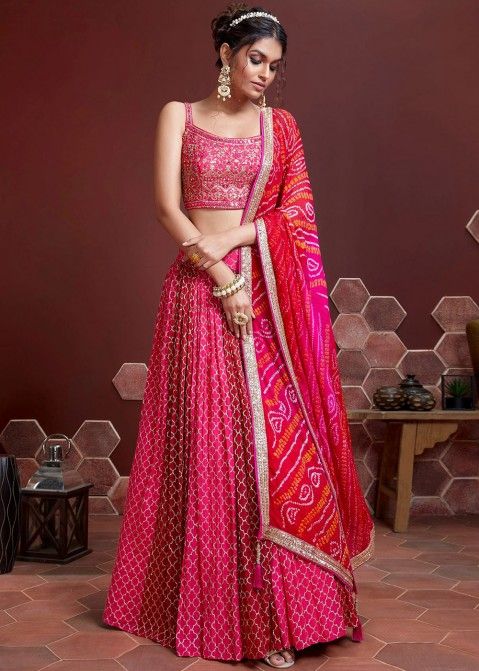 Pink And Red Sequined Indian Lehenga Choli Online In Silk USA