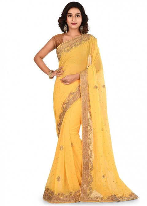 Yellow Georgette Embroidered Saree With Blouse