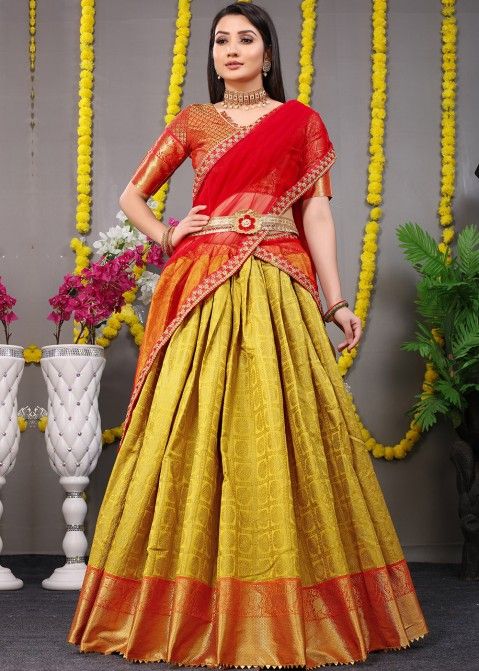 Yellow Half Saree Kanjivaram Silk Zari Lehenga Choli - Designerkloth