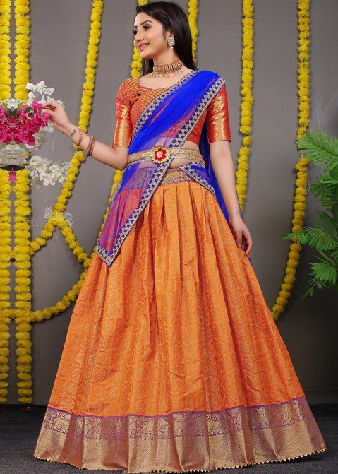 Orange & Blue Coloured Designer Banarasi Lehenga Choli with Dupatta!! –  Royskart