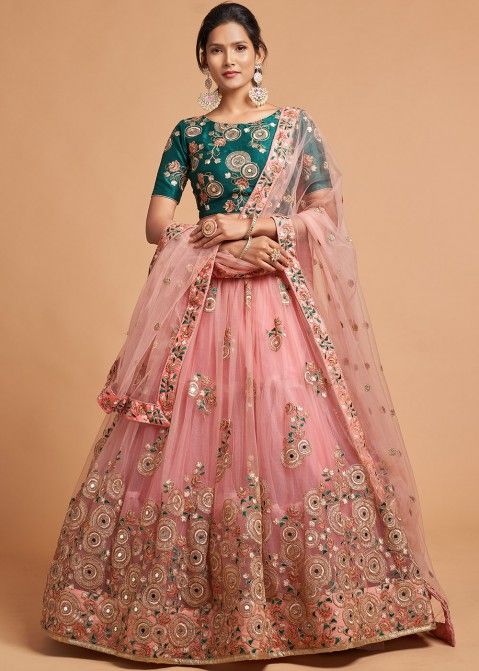 Net Designer Bridal Lehenga Choli Peach Color With Resham Embroidery Work