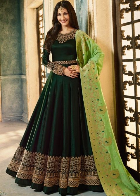 Amyra Dastur Bottle Green Embroidered Abaya Style Suit
