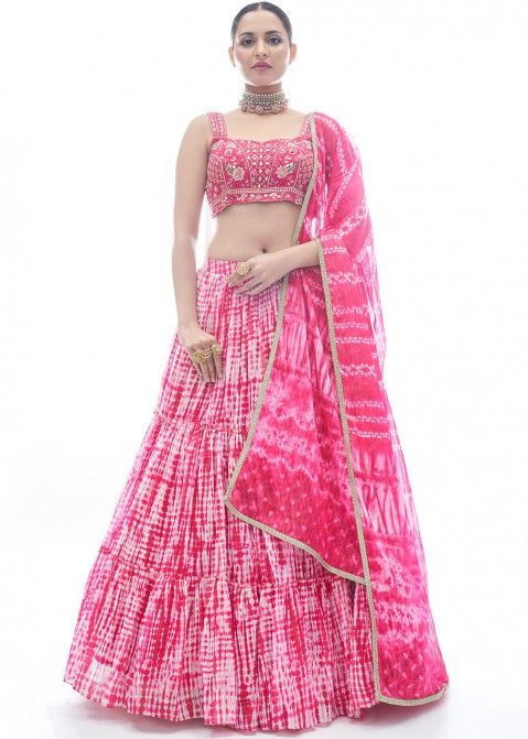 Pink Printed Bridesmaid Deisnger Chiffon Lehenga Online With Choli