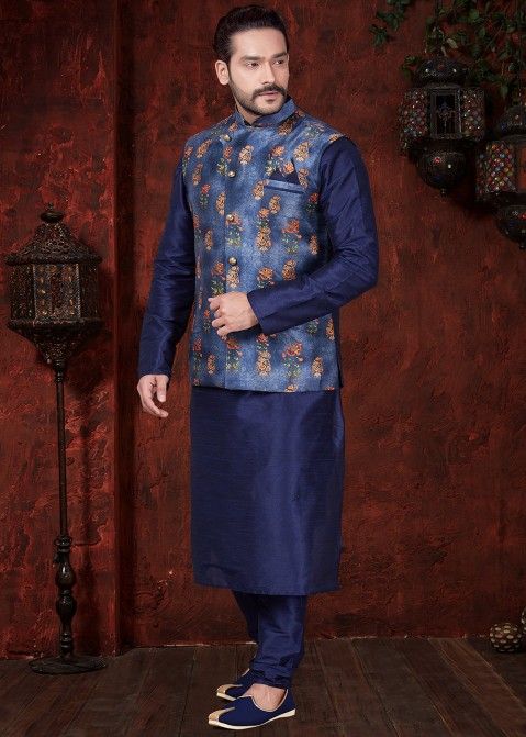 Buy Readymade Navy Blue Mens Kurta Pajama for Wedding With Nehru Jacket Online