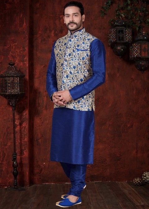 Designer Royal Blue Kurta Pajama With Nehru Jacket USA