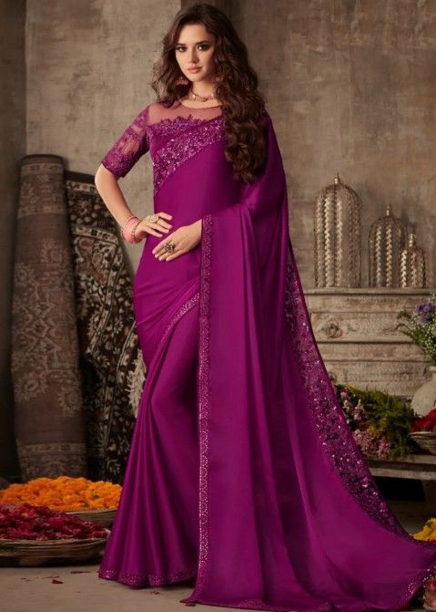 Purple Art Silk Festival Wear Saree With Embroidered Blouse
