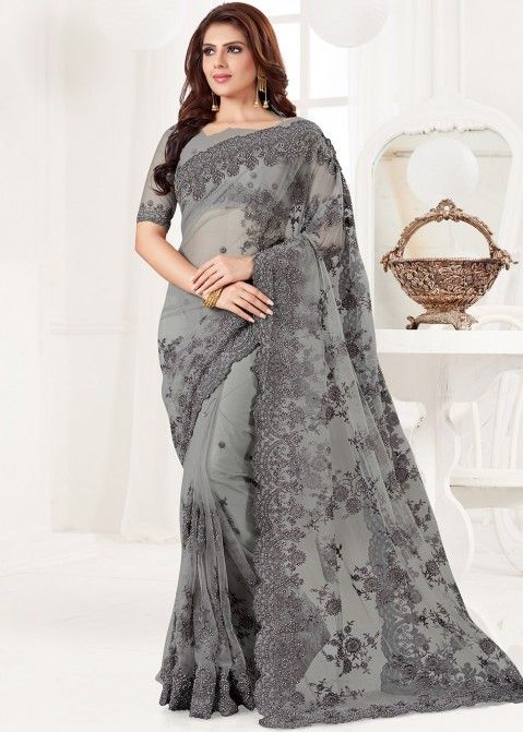 Buy Charcoal Grey Shirley Embroidered Draped Saree With Stitched Blouse  Online - RI.Ritu Kumar International Store View