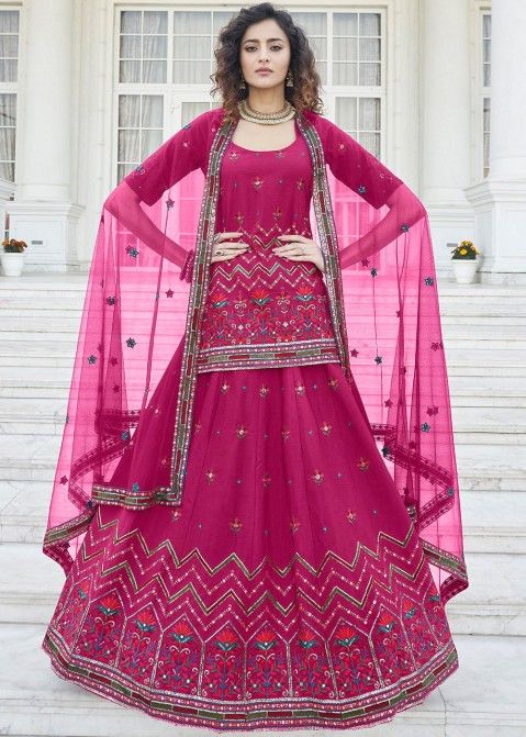 Pink Embroidered Kurti Style Designer Chiffon Lehenga Choli Online Shopping