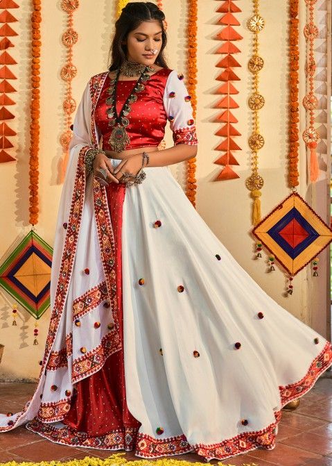 Party Wear Embroidered Red Off White Net Lehenga Choli at Rs 550 in Surat