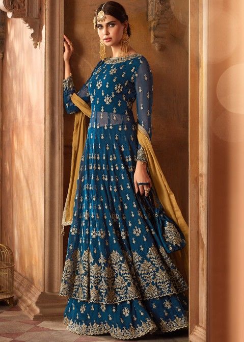 Embroidered Flared Kurti Style Indian Blue Lehenga Choli Online Shopping USA
