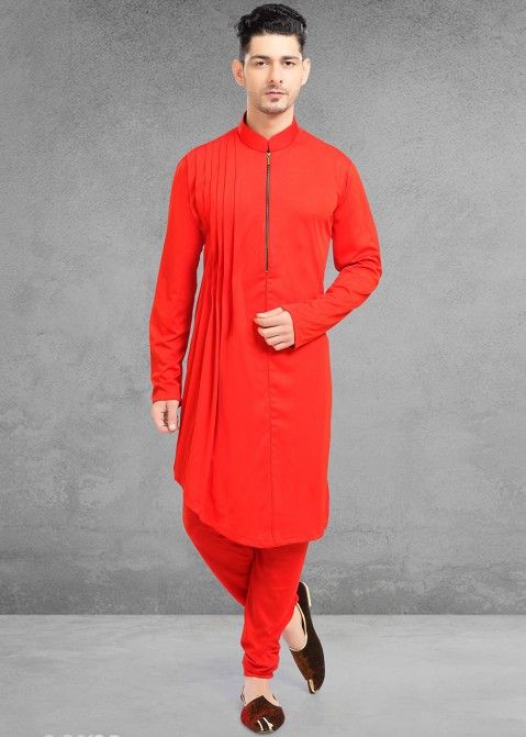 Red Lycra Readymade Indian Kurta Pajama for Men Online Shopping USA