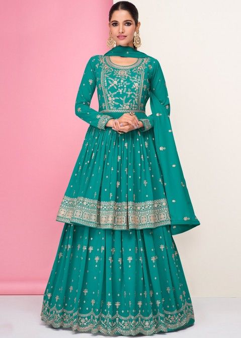 Blue Georgette Kurti Style Lehenga With Embroidery