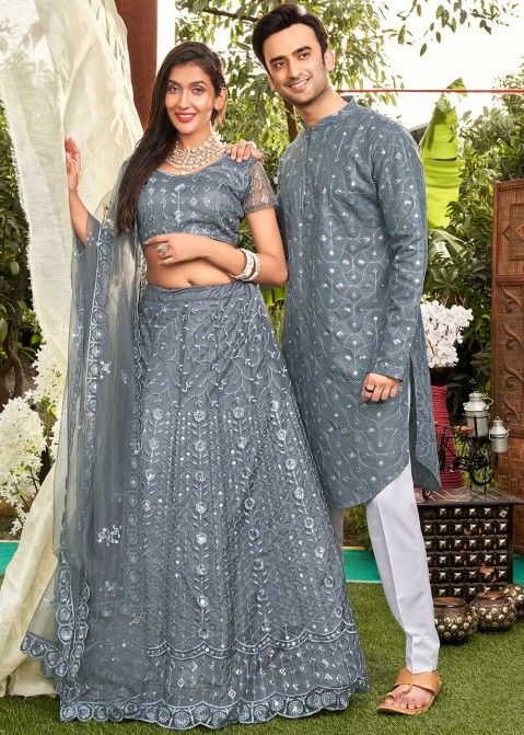Blue Sequined Couple Wear Readymade Set In Net Twinning Collection 2548LG04