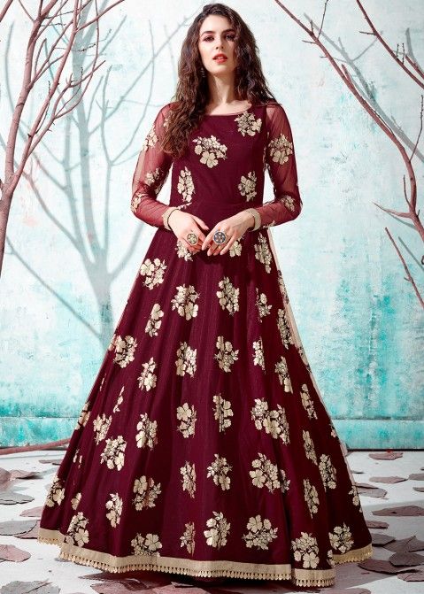 Buy Tafeta Maroon Designer Partywear Gown Online : Free Shipping - Ready To  Ship