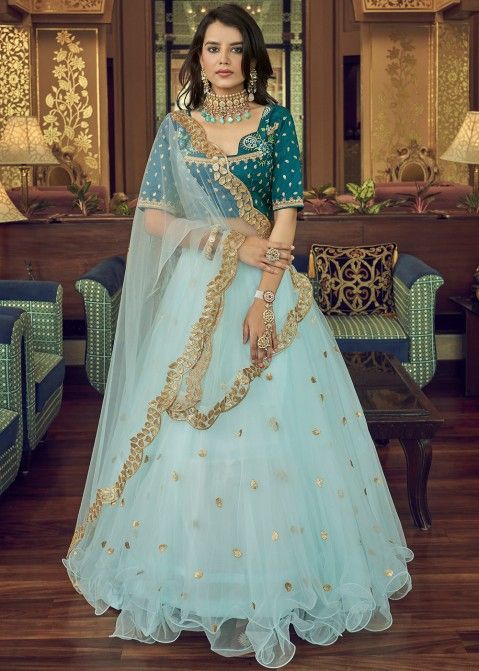 Off-White & Blue Off-White & Blue Lehenga by HER CLOSET for rent online |  FLYROBE