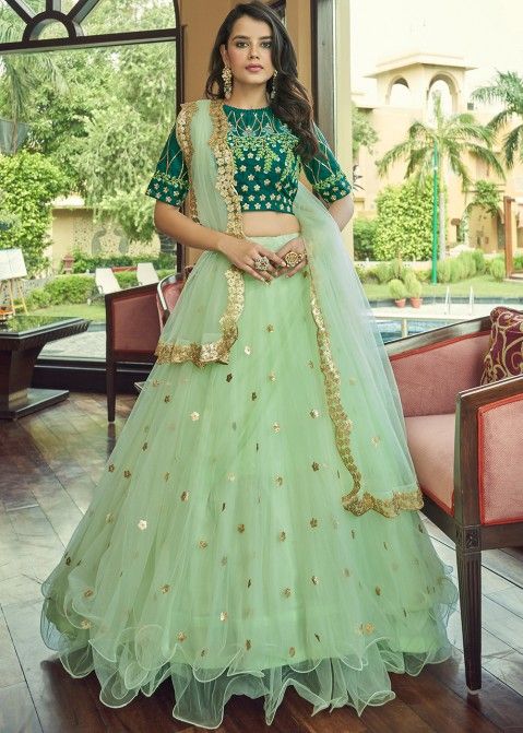 Light Green Sequin Embroidered Lehenga Set With Strappy Blouse And Dupatta  - Hijab Online