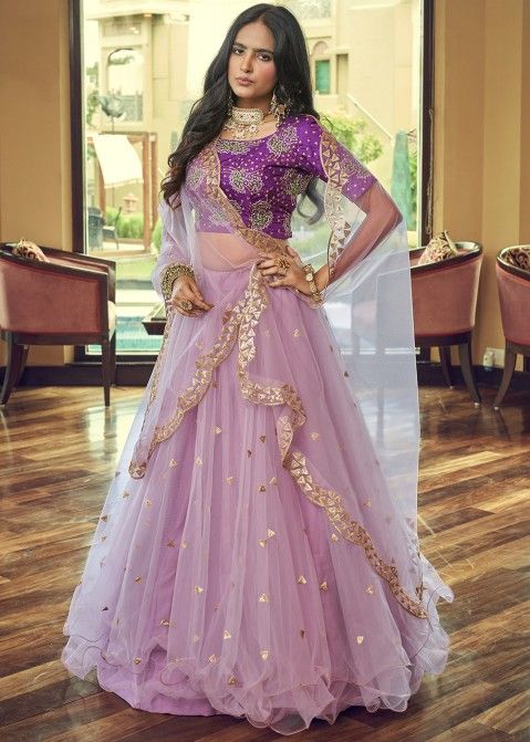 Purple softy silk lehenga,zari butta & contrast traditional design border  skirt & blouse,contrast intricate dupatta