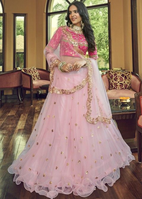 Buy Light Pink Lehenga Choli With Multi Colored 3D Embroidered Kalis In  Floral And Scallop Motifs KALKI Fashion India