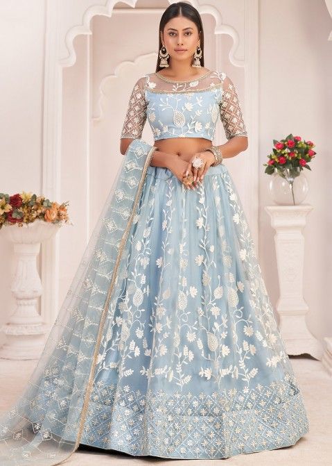 Buy Blue Nylon Net Embroidery Lehenga Choli With Dupatta Wedding Wear Online  at Best Price | Cbazaar