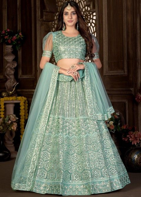 Turquoise Color Stone And Sequins Work Satin Base Lehenga